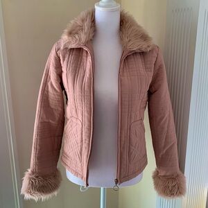 Pink Cropped Quilted Jacket with Faux Fur Trim